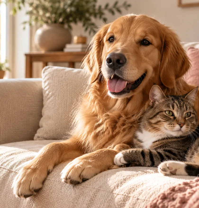 Relaxed golden retriever on the sofa