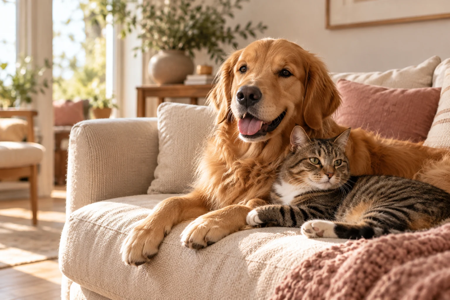 A golden retriever and tabby cat resting together on a sofa