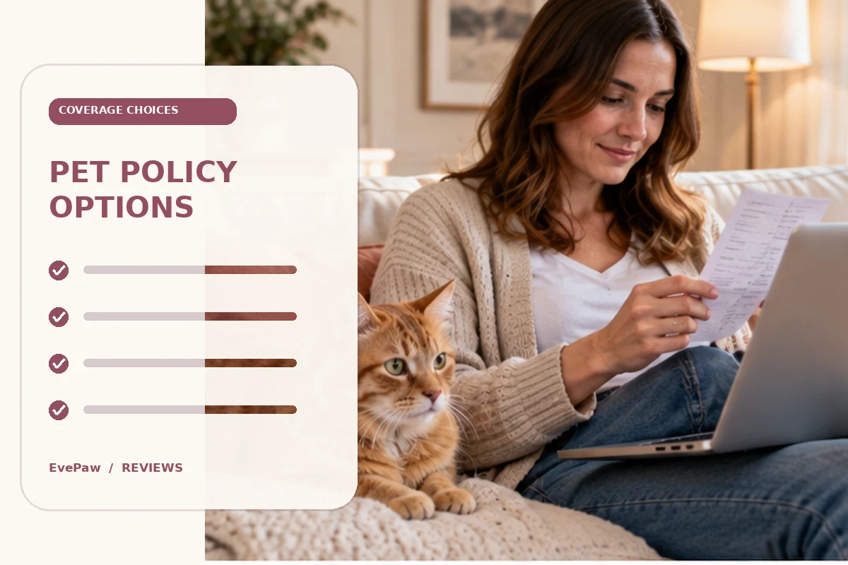 Pet owner reviewing insurance paperwork on a laptop beside a ginger cat
