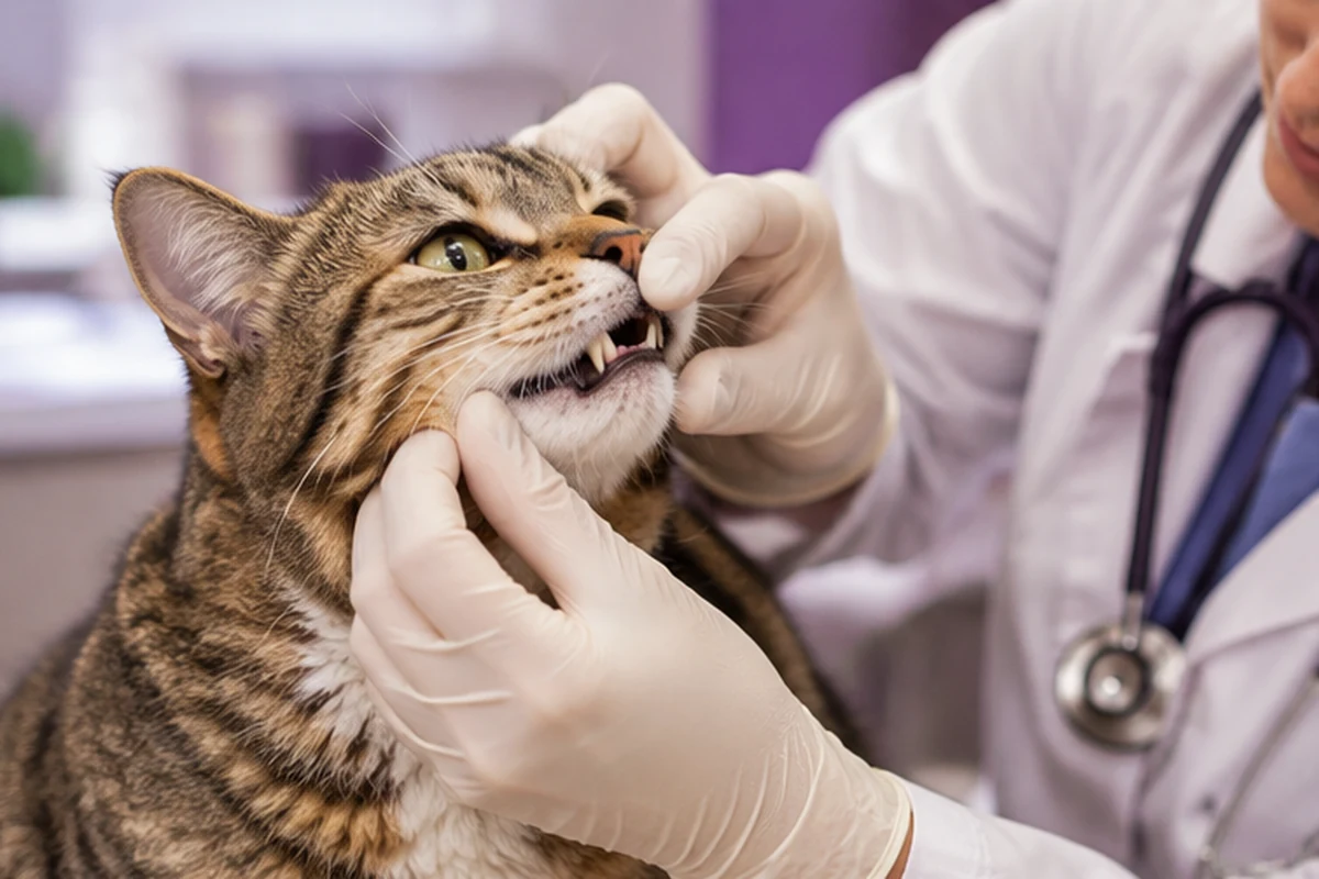 A veterinarian conducting a professional oral assessment of a tabby cat