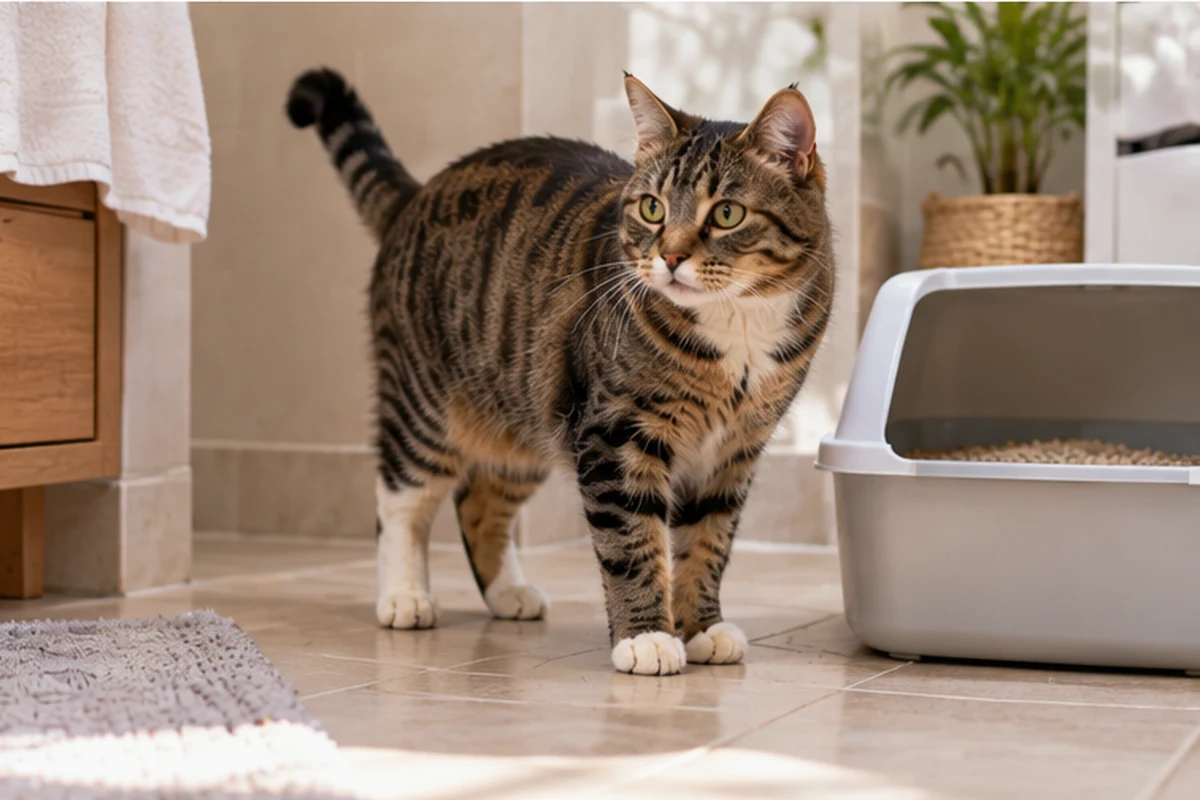 Tabby cat standing beside its litter box in a quiet sunlit bathroom