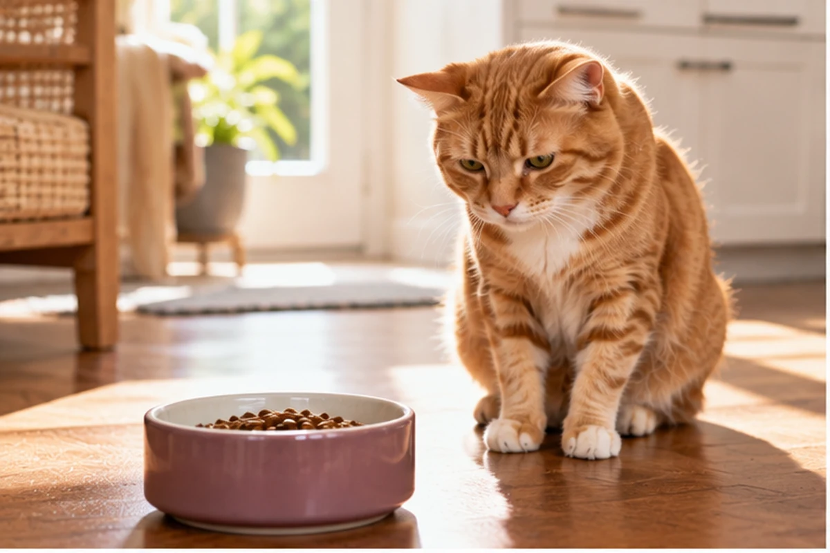 Orange tabby cat sitting beside an untouched bowl of food in a bright home