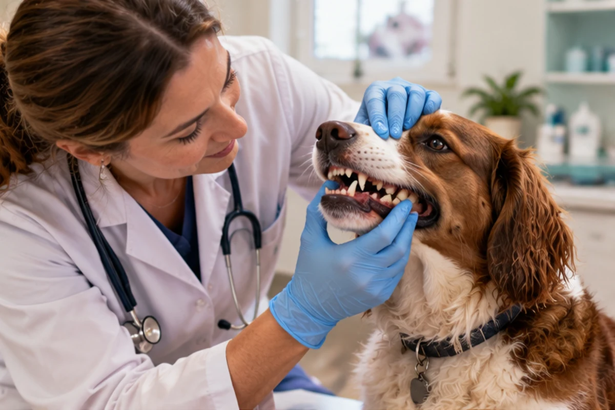 Veterinarian gently checking a brown and white dog’s teeth at a clinic