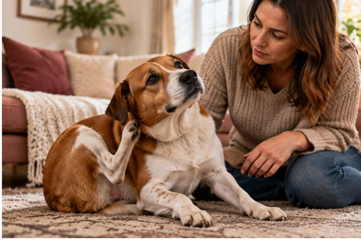 Brown and white dog scratching its ear near a concerned owner at home