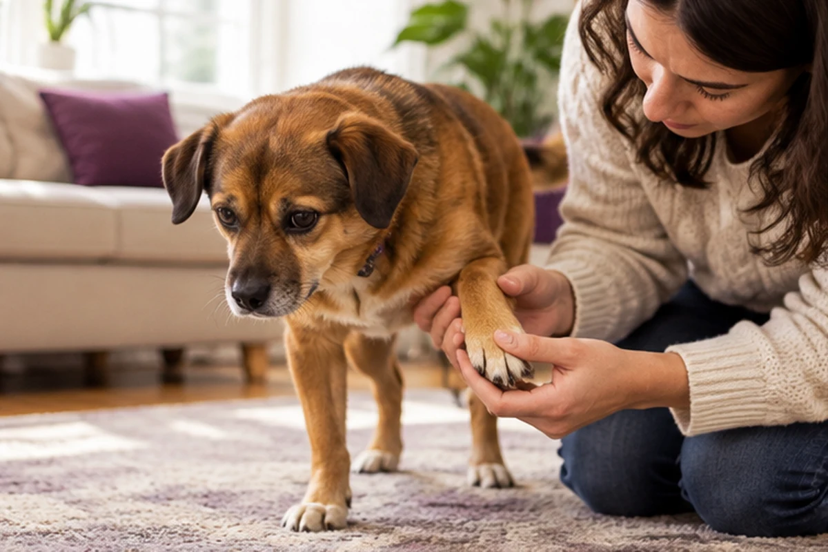 A dog having its paw checked carefully by a caregiver