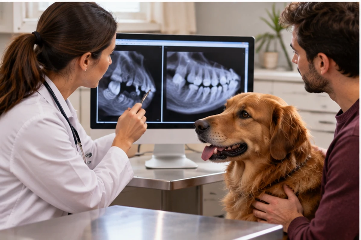Veterinarian discussing dental radiographs for a golden retriever with an owner