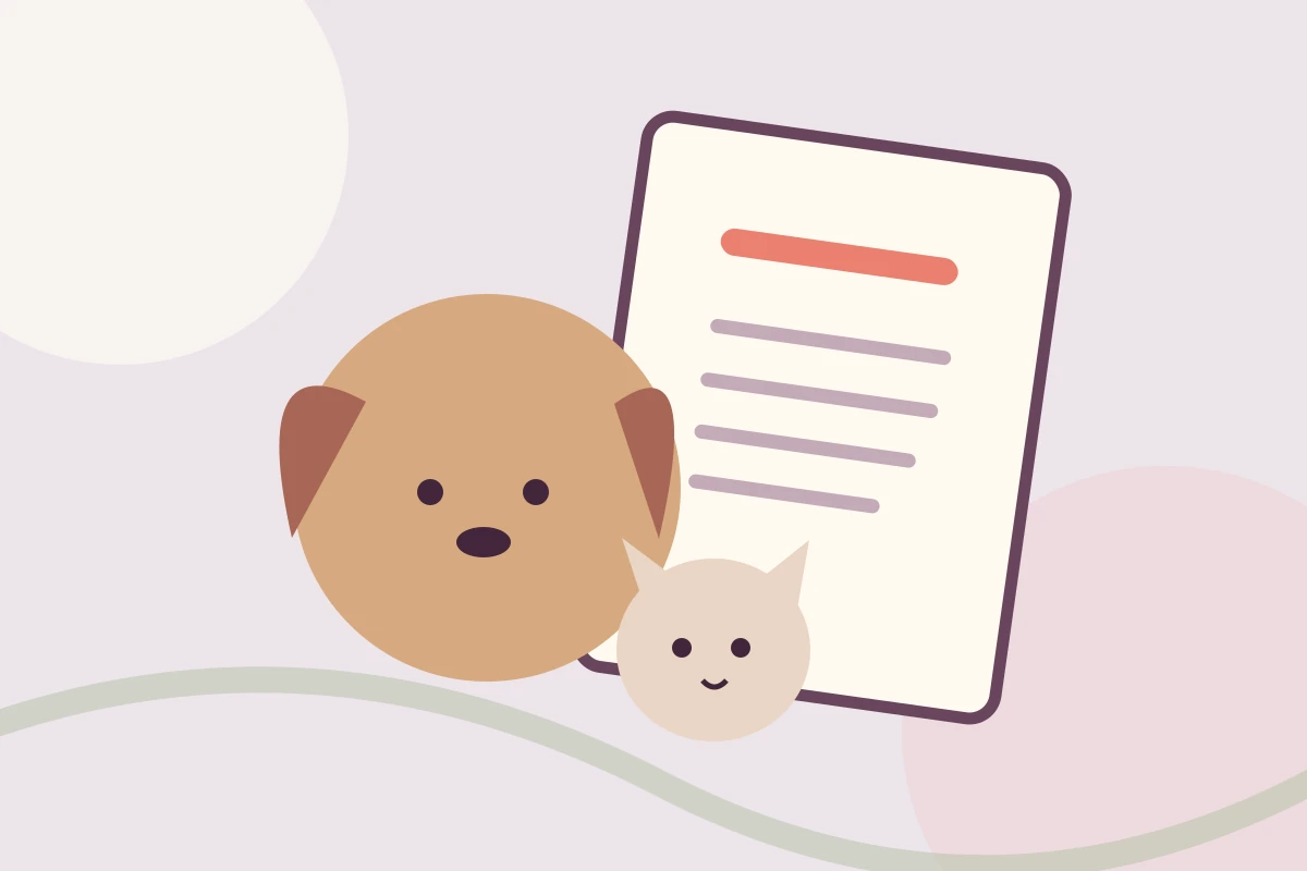 Original plum-and-ivory editorial illustration of pet insurance documents beside a dog and cat