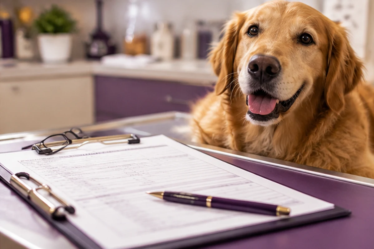 A dog beside veterinary records and an itemized paperwork folder