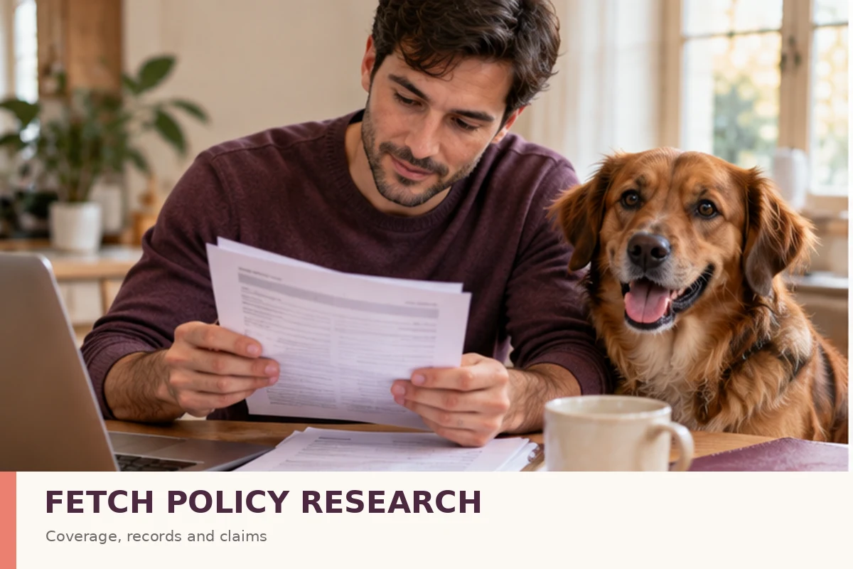 A dog sits beside its owner reviewing veterinary documents in a sunny home