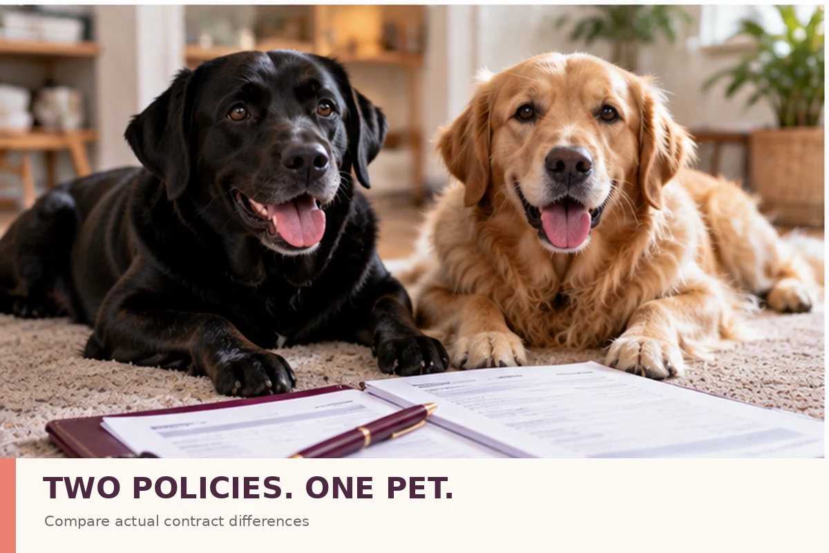 Two dogs rest by a folder of insurance comparison documents