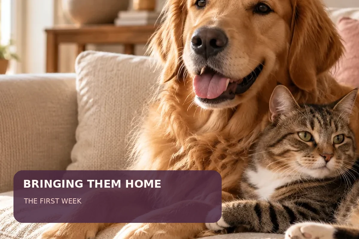A dog and cat sharing a cozy sofa under the heading bringing them home