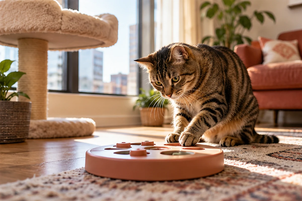 A tabby cat investigating a puzzle feeder at home