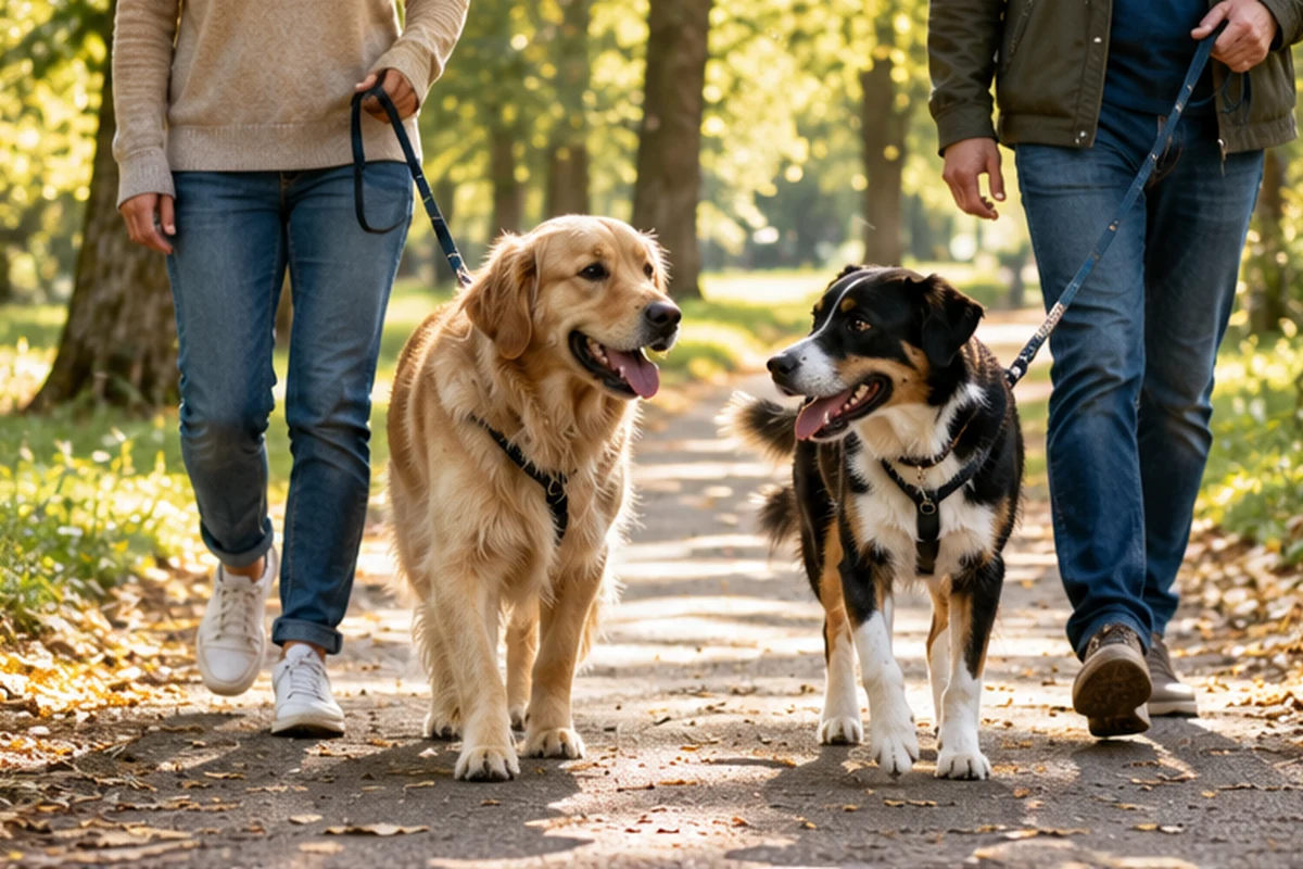 Two dogs walking calmly on separate leashes with their people in a sunny park
