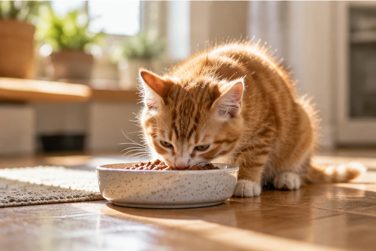 Orange kitten eating kitten food from a shallow bowl in a warm home