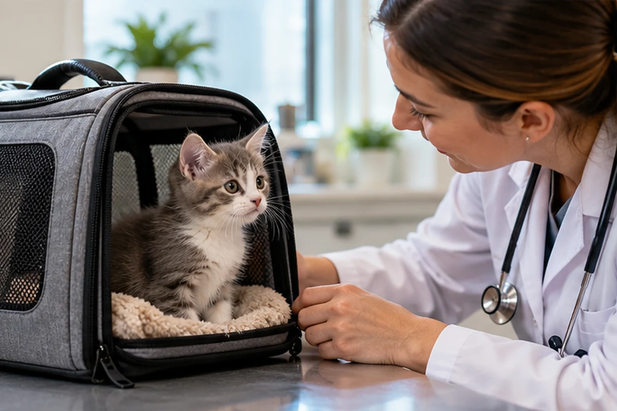 A gray kitten in a carrier receiving a gentle veterinary welcome