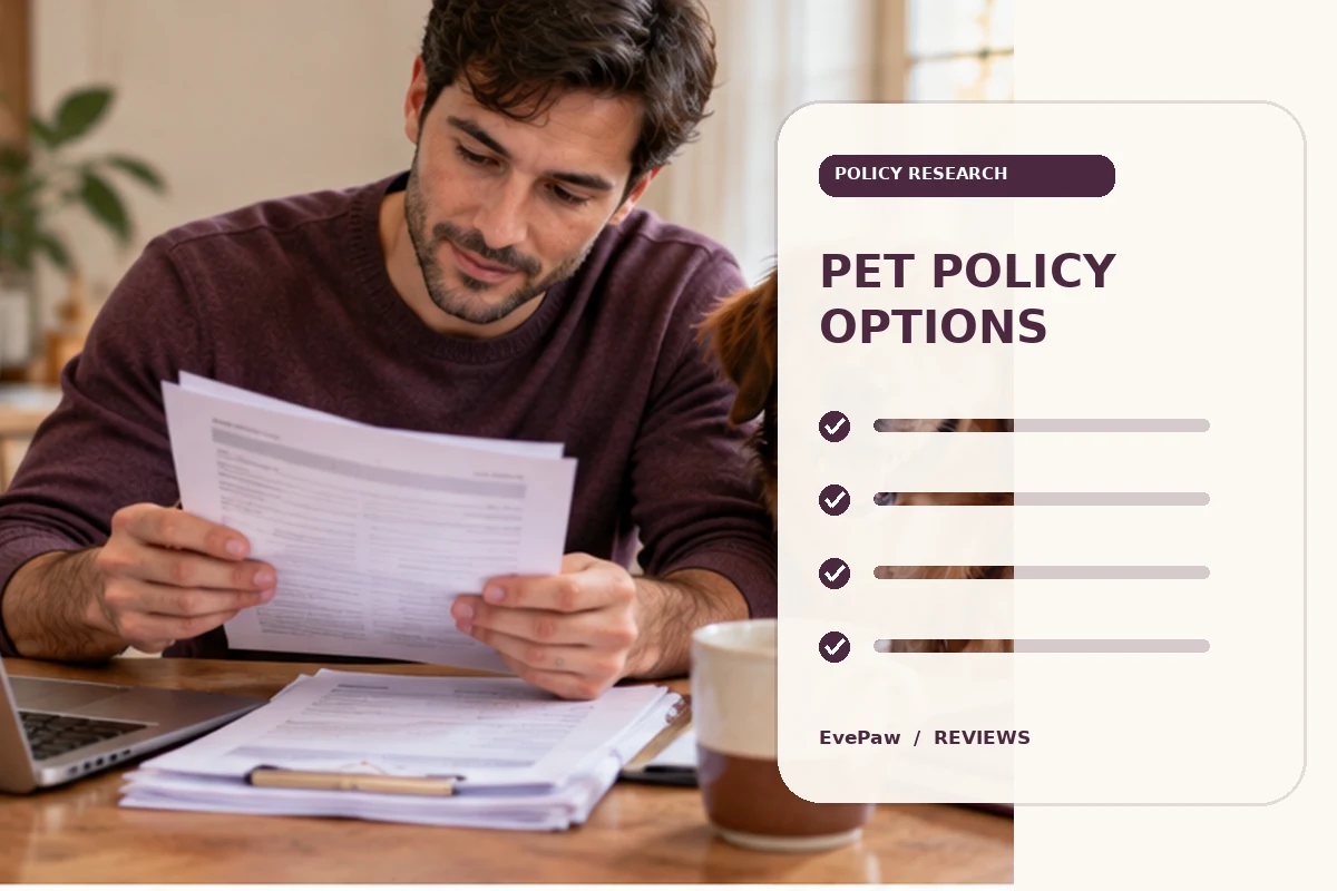 Pet owner reviewing policy paperwork at a table in a warm home setting