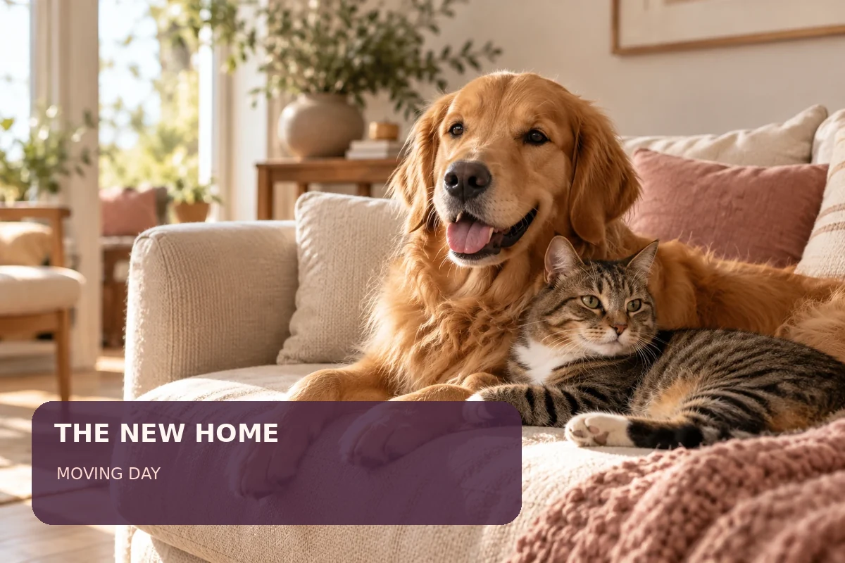 A dog and cat relaxing in a warm home with a moving-day caption