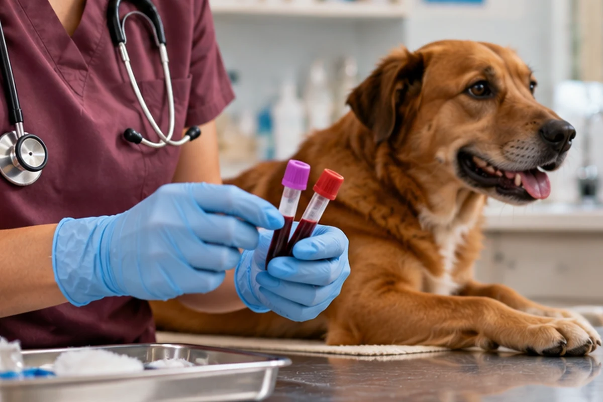 Veterinary technician holding labeled blood sample tubes beside a calm dog
