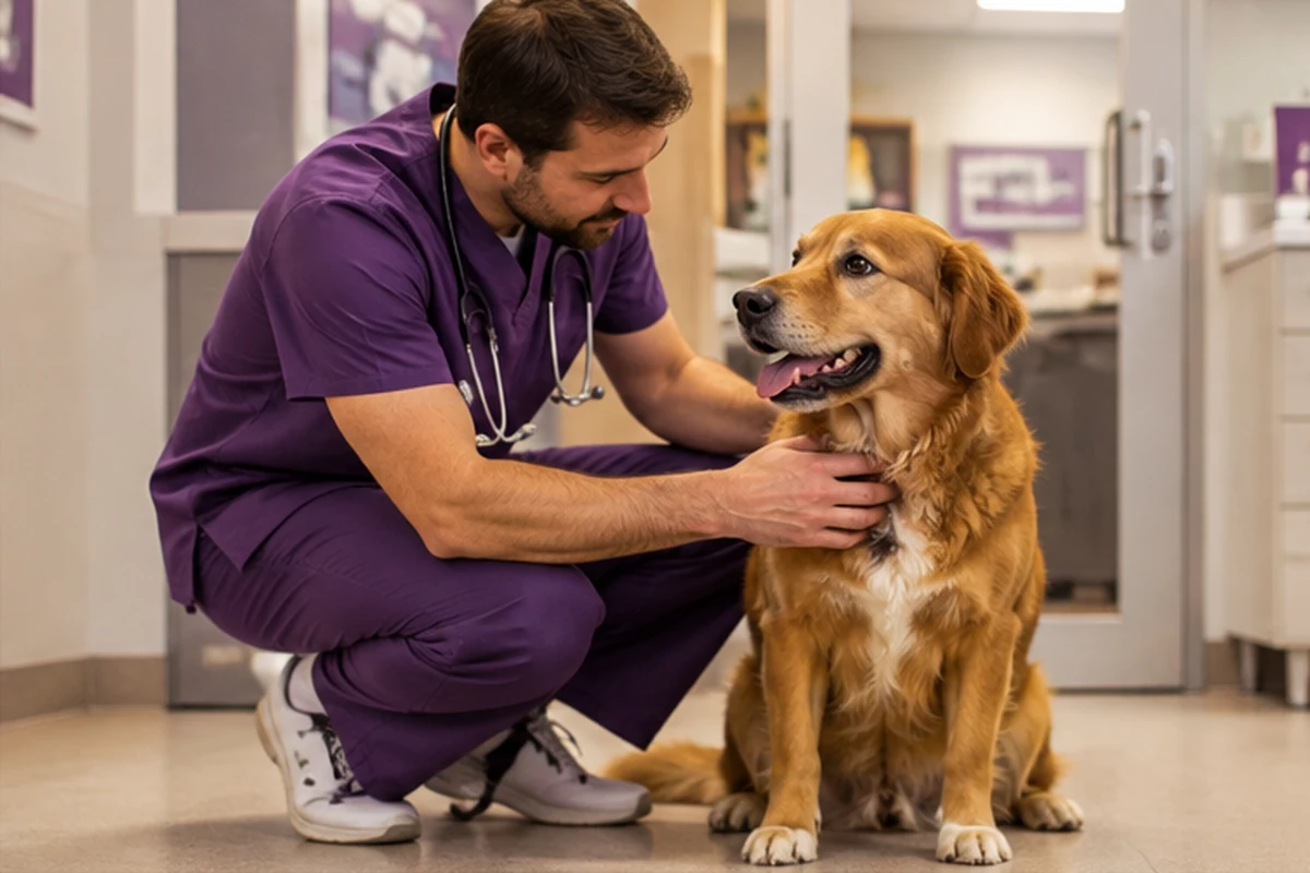 A veterinarian attending to a dog in a clinic