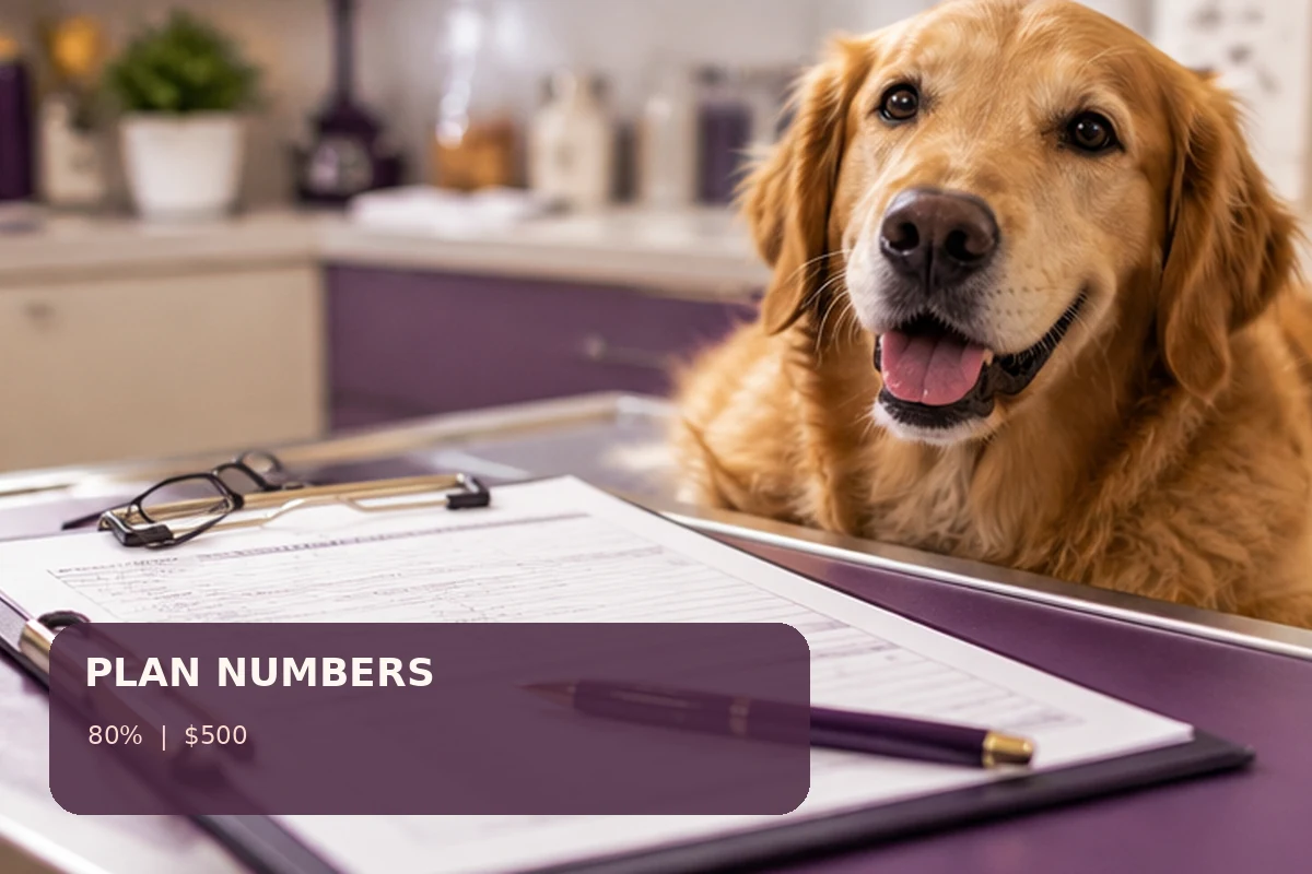 A dog beside veterinary billing documents with a policy arithmetic label