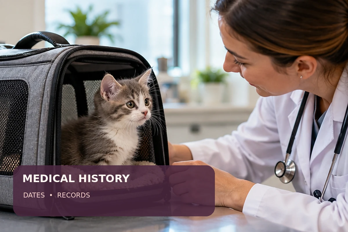 A kitten at the veterinary clinic alongside a medical-history caption