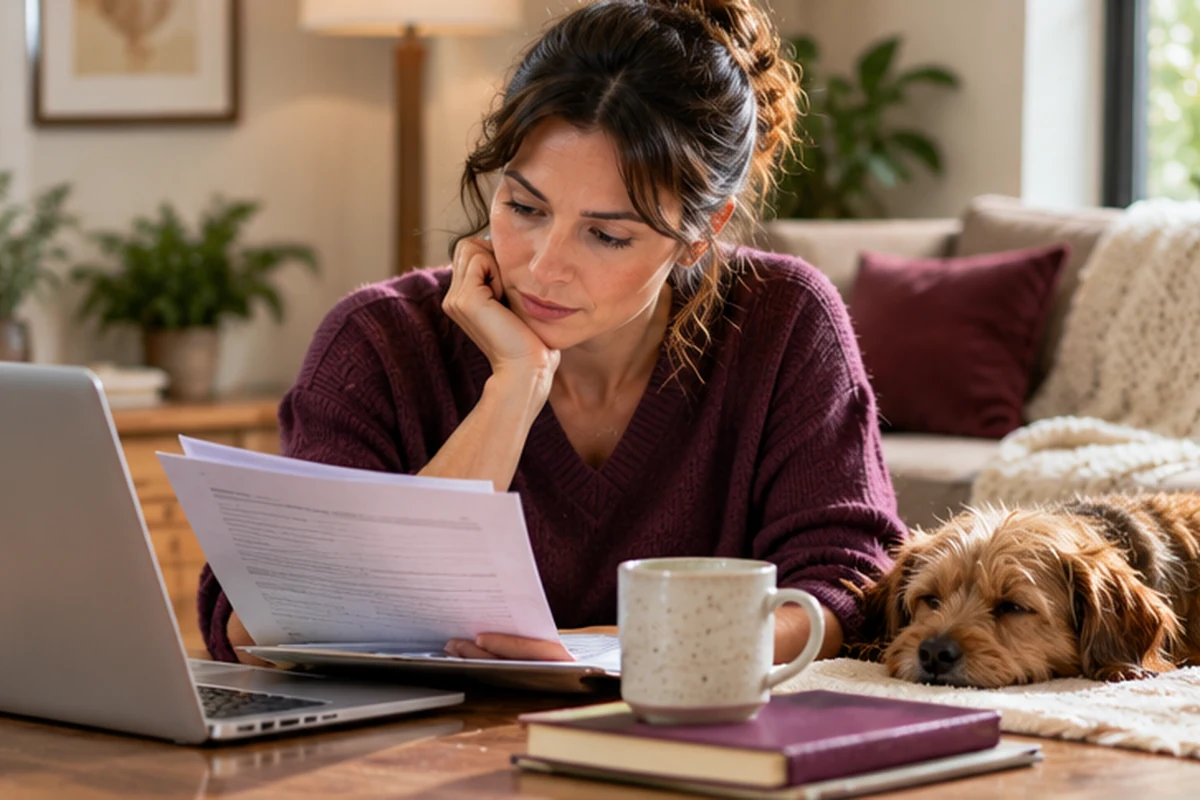 Woman reviewing paperwork on a laptop beside her resting dog