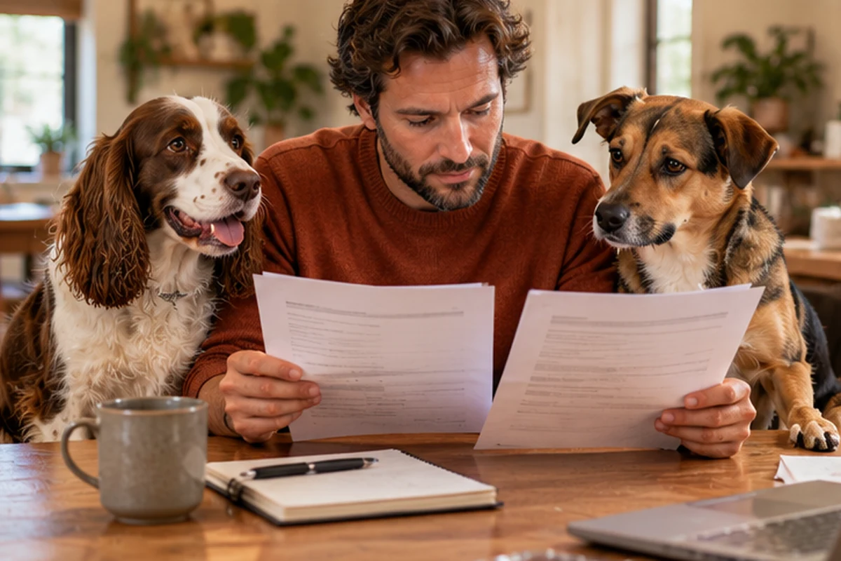 Pet owner comparing paperwork between two dogs at home