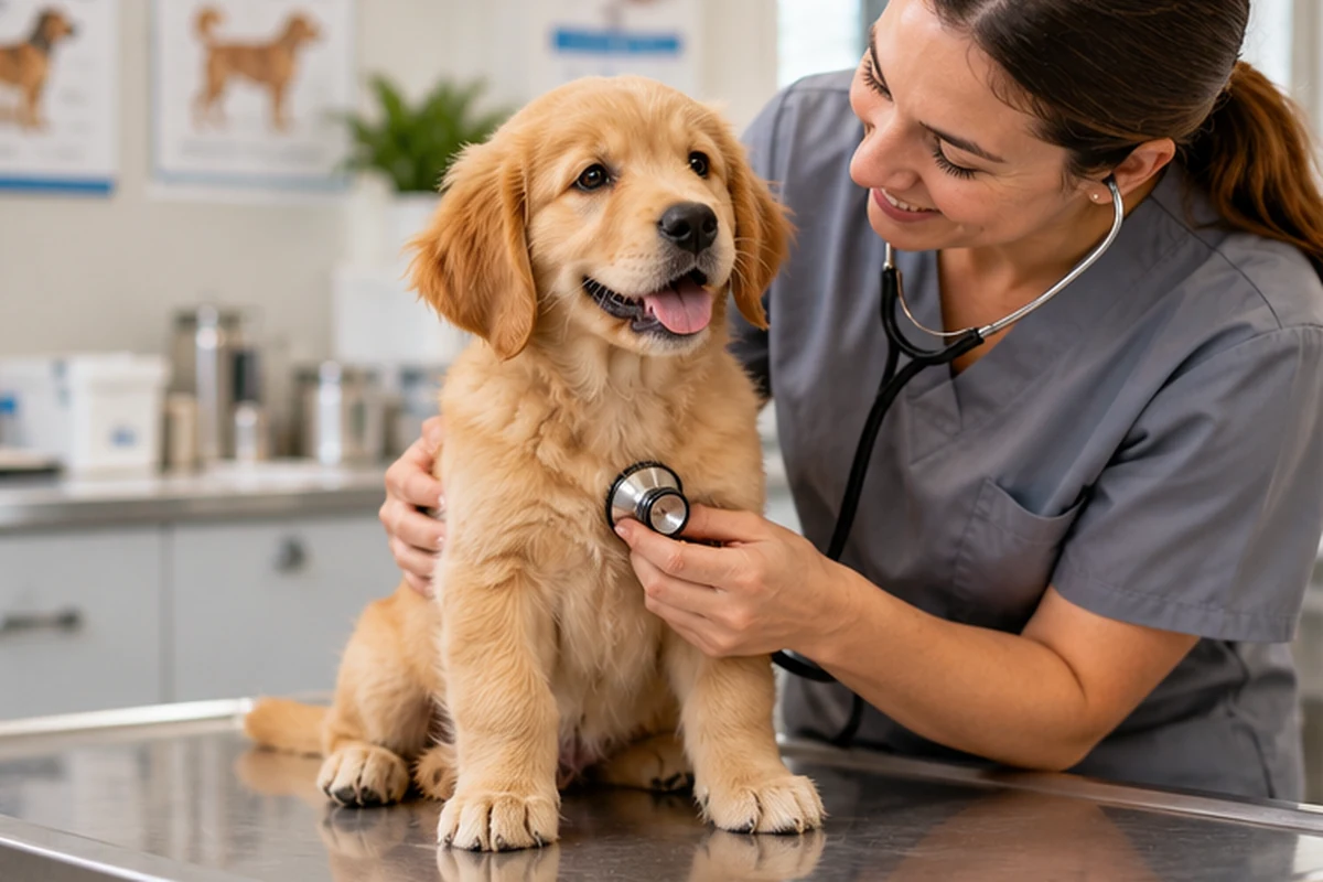 A golden retriever puppy having a gentle veterinary examination