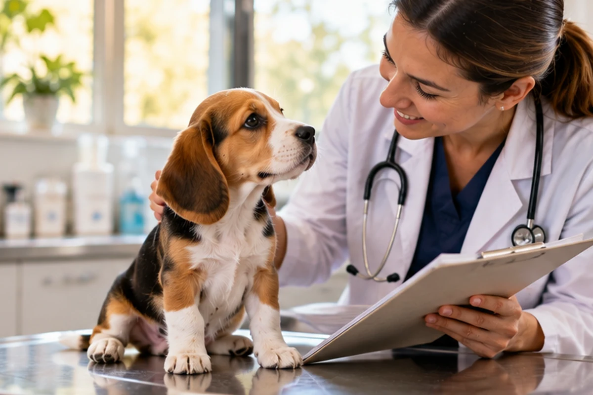 Beagle puppy at a veterinary examination beside a veterinarian