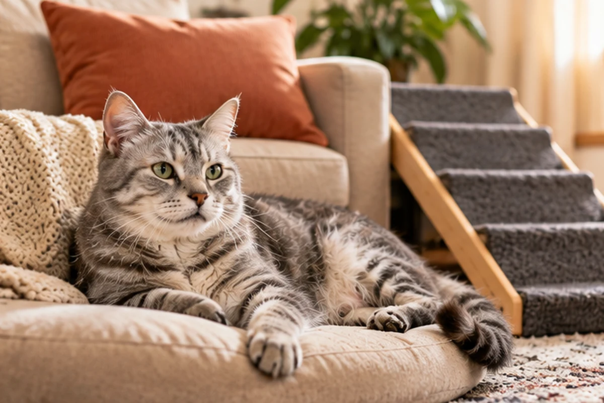 Tabby cat relaxing on a comfortable chair beside pet stairs