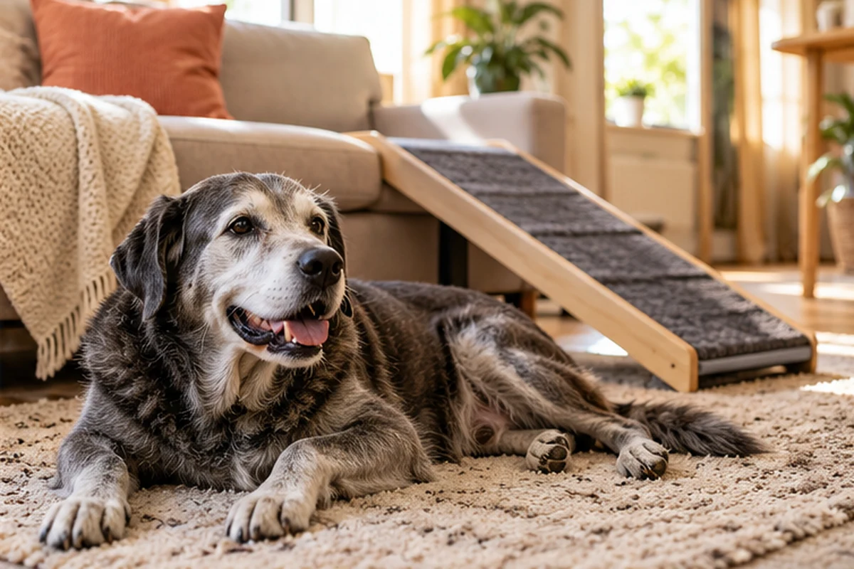 A comfortable senior dog resting by a living-room ramp