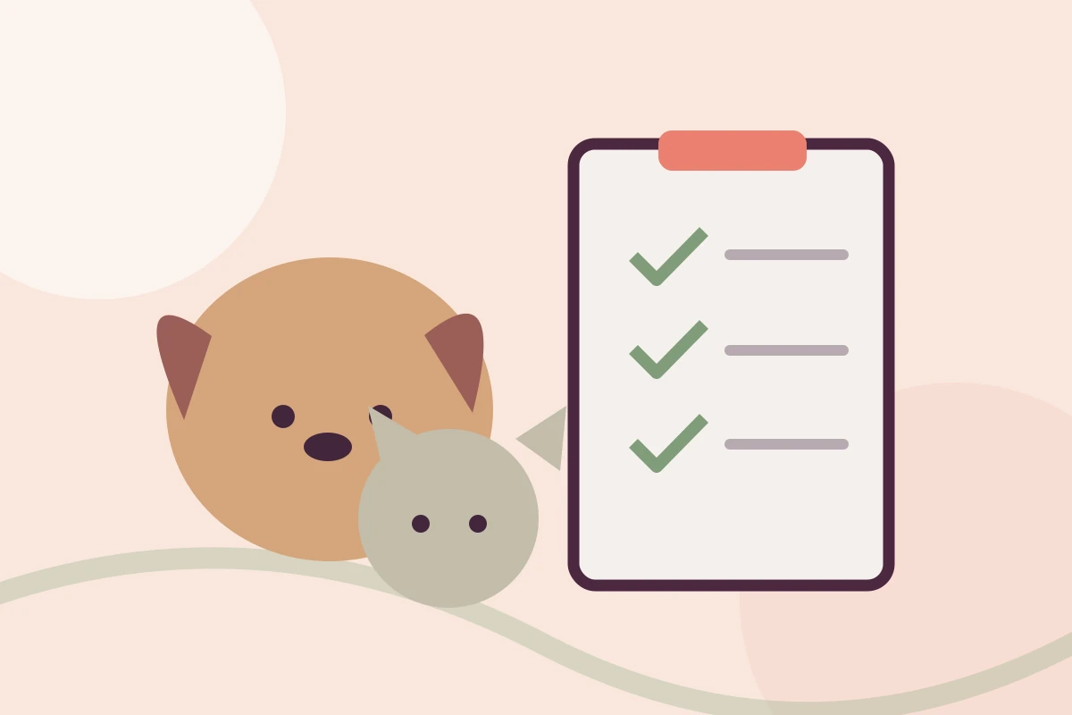 Original warm editorial illustration of a dog and cat with a veterinary surgical-care checklist