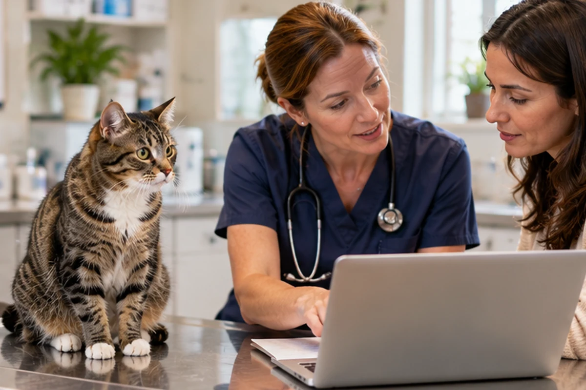 Cat with a veterinarian and owner reviewing information on a laptop