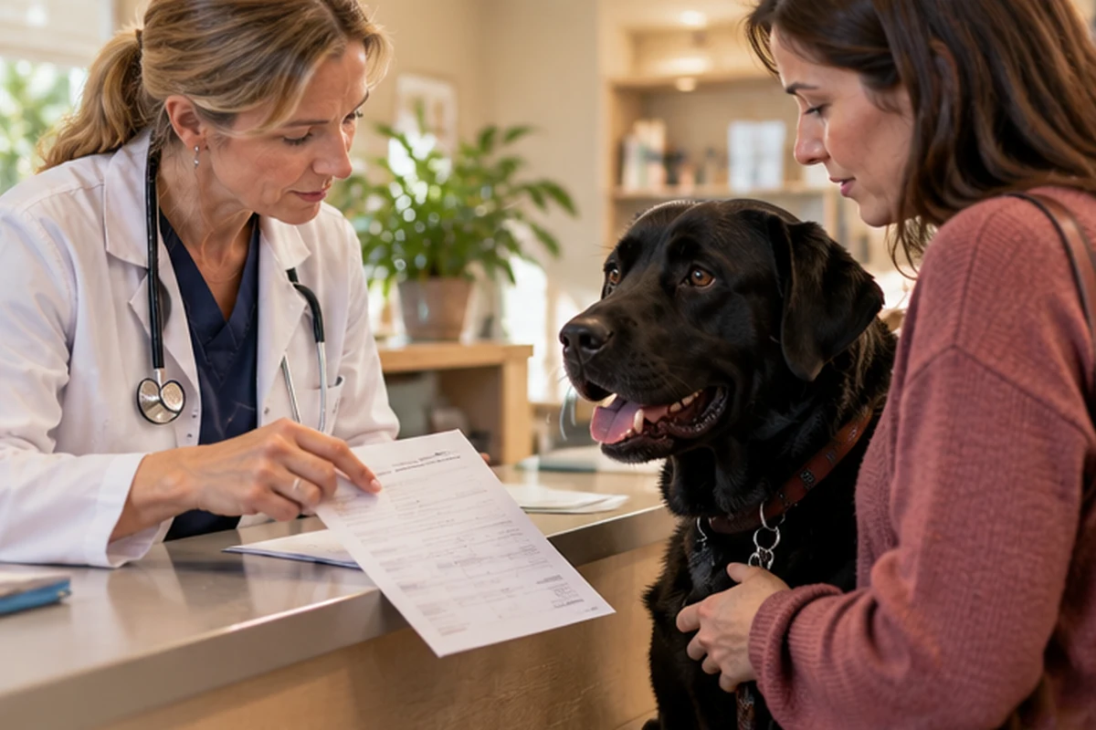 Veterinarian discussing paperwork with owner and a black dog