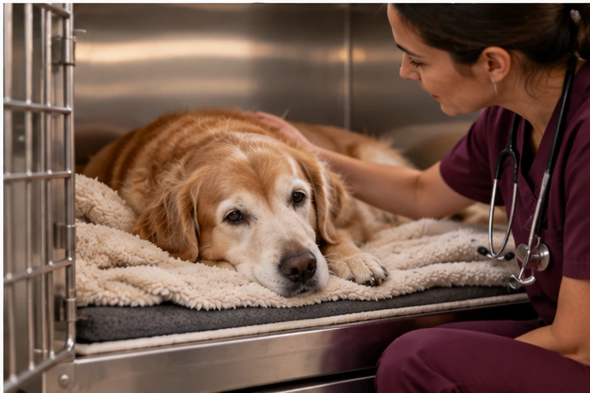 Older golden retriever resting in a veterinary observation kennel with a nurse nearby